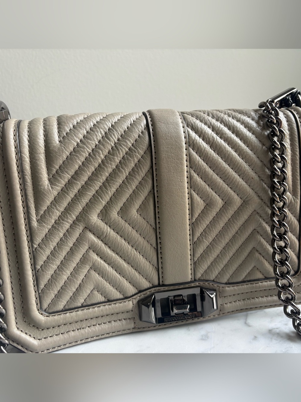 Rebecca Minkoff Geo Quilted Love Crossbody Bag Taupe Leather NWT $295 MSRP - Picture 3 of 13